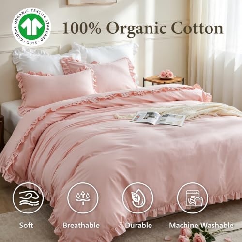 Simple&Opulence Kids 100% Organic Cotton Duvet Cover with Ruffle 104 x 92-3 PCS High End Floral Frill Lace Bedding, Romantic Cottagecore Style Comforter Cover with 2 Pillowcases, Peach Pink, King