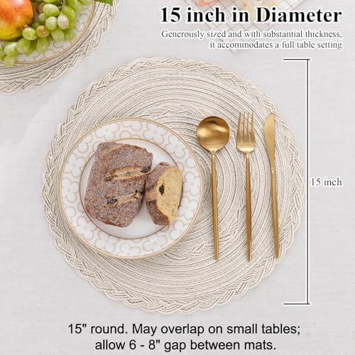 SHACOS Round Placemats Set of 4 Boho Braided Border Table Place Mats for Dining Table Wedding Holiday Party (Ivory Bordered, 4)