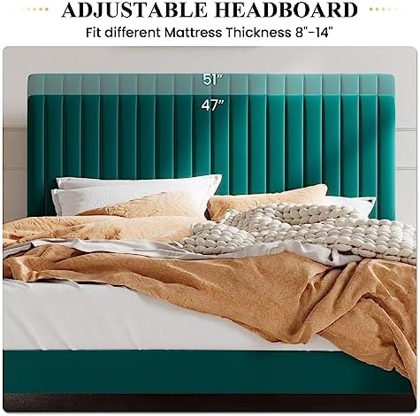 SHA CERLIN Queen Upholstered Platform Bed Frame with Vertical Channel Tufted Velvet Fabric Adjustable Headboard, Wooden Slats Support, Mattress Foundation, Box Spring Optional, Teal