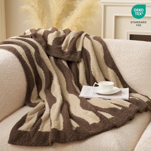 Snuggle Sac Wave Stripe Throw Blanket for Couch, Fuzzy Microfiber Blankets, Throws for Girls Daughter Gifts for Kid, Wave Beige Brown, 60x80 inches