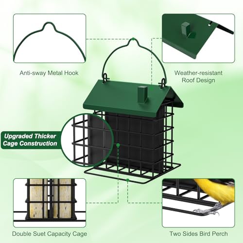 Gbekery All-Metal Double Suet Bird Feeder for Outdoors Hanging, Green Roof