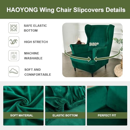 HAOYONG Velvet Wingback Armchair Covers 2-Piece Elastic Stretch Wingback Chair Sofa Slipcover Soft Wingback Chair Slipcover Washable Armchair Protector Cover for Living Room Wedding and Party