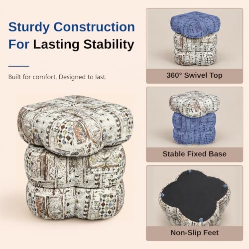Get Set Style 360° Swivel Flower Ottoman, Vintages Vanity Stool Footrest with 300LBS Capacity, No Assembly Small Space Accent Chair for Living Room Bedroom Entryway (Neutral Vintage Mosaic)