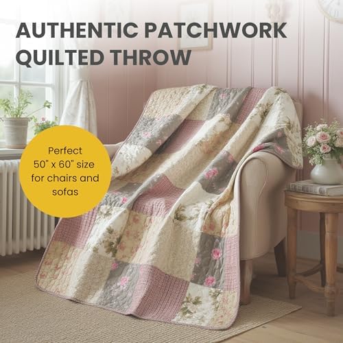 SLPR - Cotton Quilted Throw Blanket, 50" x 60" Pink Floral, Secret Garden