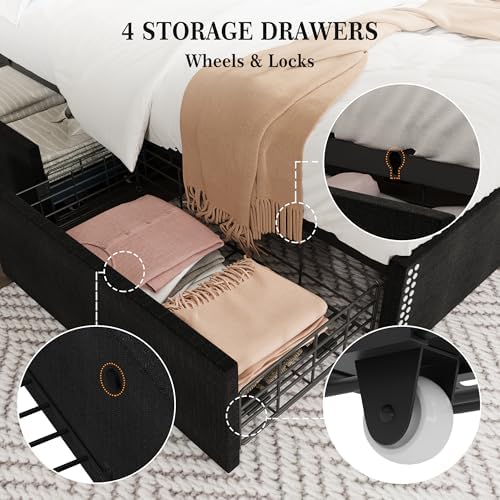 Upholstered Queen Bed Frame with 4 Storage Drawers, Wingback Headboard with Charging Station, Diamond Stitched Button Tufted Design, No Box Spring Needed, Black