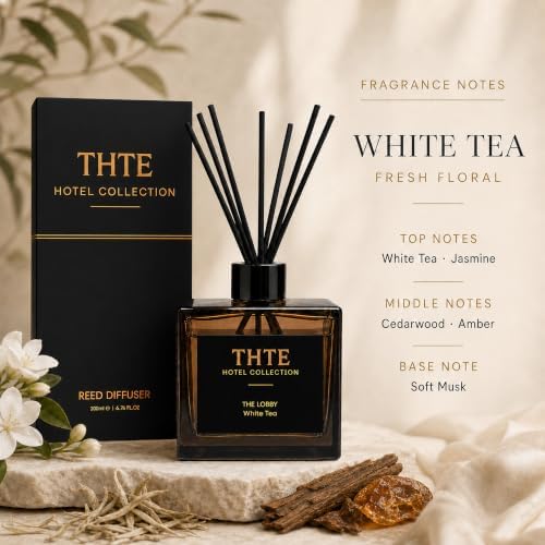 White Tea Reed Diffuser for Home, Airy Clean Hotel-Inspired Scent with Soft Musk, Long-Lasting Home Fragrance with Black Fiber Reeds for Bedroom, Bathroom and Living Room