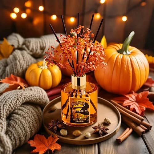 COCORRÍNA Reed Diffuser - Spiced Pumpkin 6.7 fl oz Scented Diffuser with 8 Sticks Home Fragrance Bathroom Shelf Decor (Halloween Collection)