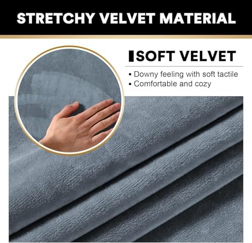 PrinceDeco Velvet Couch Covers for Sofa Soft 4 Pieces Covers for 3 Cushion Couch Sofa Pet Friendly Furniture Protector with Non Slip Elastic Bottom Width Up to 97 Inch (Large Sofas, Stone Blue)