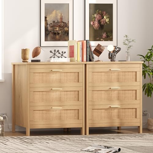 Keehusux Rattan Nightstand with Charging Station and 3 Drawers, Natural