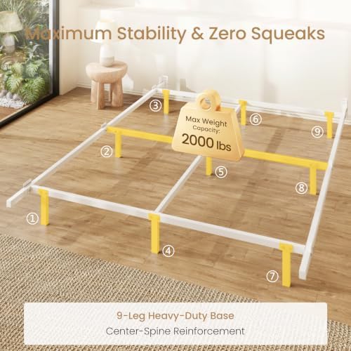 SHA CERLIN 7 Inch Metal Bed Frame, 9-Leg Box Spring Base, White, Full