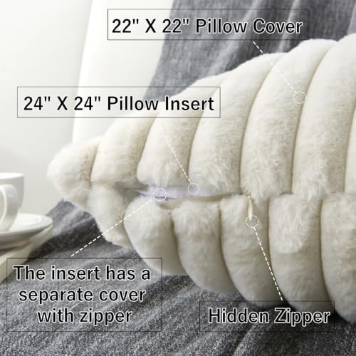 Decorative Throw Pillow with Inserts, Set of 2 Soft Faux Fur Throw Pillows, Boho Striped Pillow for Couch, Bed, Sofa Decor (Beige, 22" x 22"(Pack of 2))