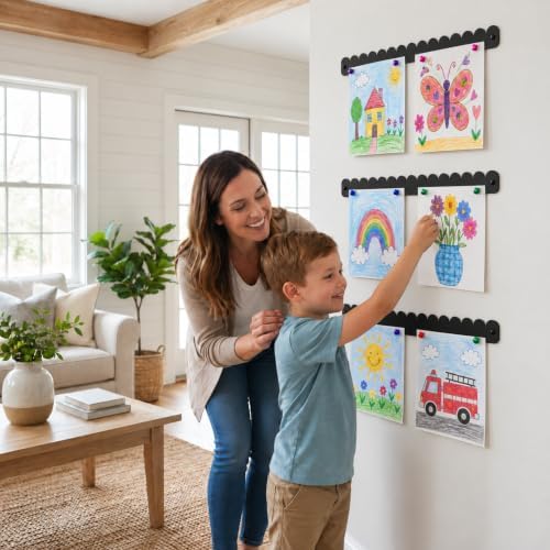 Scalloped Magnetic Art Display for Kids Artwork & Photos (Set of 3) – Kids Artwork Display for Wall – Magnetic Photo Display Strips with Push-Pin Magnets (Black, 23in (3 Pack))