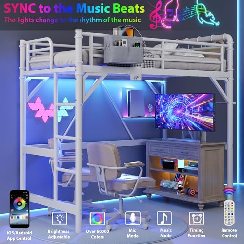 Twin Size Loft Bed with LED Lights and Charging Station, Industrial Heavy Duty Metal Loft Bed Frame with Ladder and Guardrail for Kids Adults, Small Space Saving Design for Bedroom Dorm, White