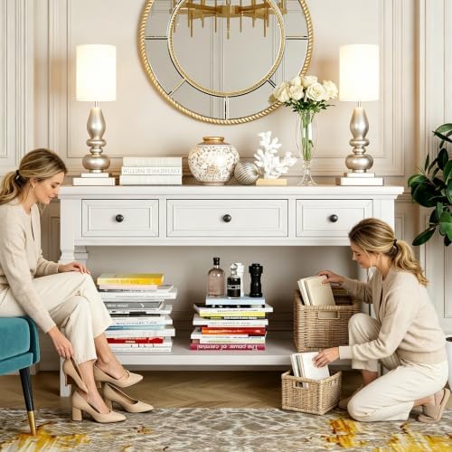 VEADONS Antique White Classic Retro Console Table with 3 Storage Drawers & Spacious Open Bottom Shelf, Vintage Entryway Sofa Accent Table with Simple Assembly for Hallway Living Room