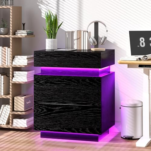 COWMOU LED Night Stand with Charging Station, Sliding Top Hide Storage, 2 Outlets and USB-A/C Ports Bed Side Tables Bedroom Set Black End Table for Living Room