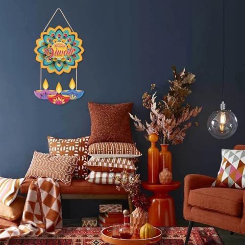 LHIUEM Happy Diwali Wood Signs Diwali Party Games Wall Decor Set of 2(10“X20”)Lotus Hangings Decoration Indian Happy Diwali Banner Wooden Decor Diwali Decorations for Home Housewarming Indian Garland