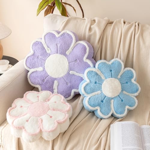 Flower Shaped Decorative Throw Pillow Cushion for Bed Couch, Cute Flower Plush Throw Pillows Home Decor Floor Pillow Seating Cushions (Blue, 13.7 Inches)