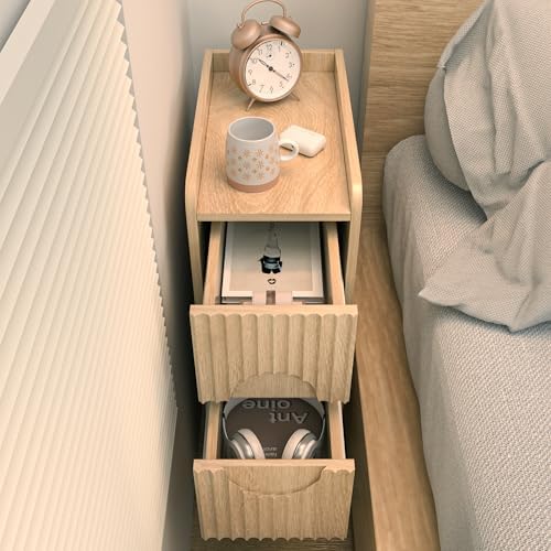 Small Fluted Nightstand Set of 2, Wood 2 Drawer Narrow Nightstand, Slim Side Table, Modern Boho End Bedside Table, Natural Wood Night Stand with Drawers for Bedroom, Living Room, Natural