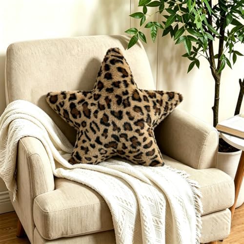 Leopard Print Star Pillow Cheetah Decorative Throw Pillow 15.7 inch Soft Faux Fur Star Shaped Pillow Cushion for Bed, Sofa, Couch, Bedroom & Living Room