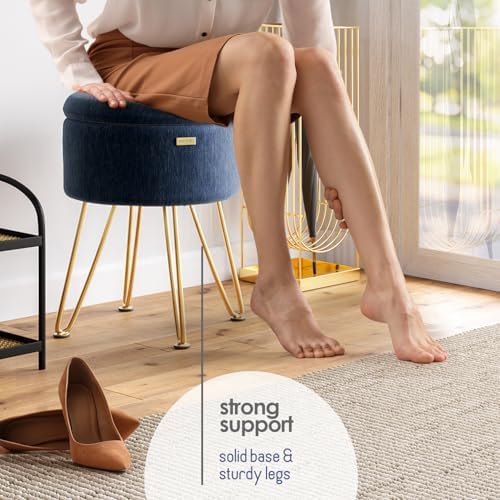 Round Ottoman with Storage, Textured Velvet Storage Ottoman, Foot Stool Ottomans, Makeup Vanity Stool, Small Ottomans Foot Rest, Modern Vanity Stools for Living Room and Bedroom, Blue