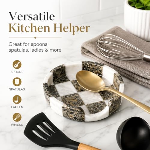 Marble Spoon Rest for Stove Top - Checkered Kitchen Utensil Holder, Coffee Bar Spoon Rest for Counter, White Grey Stone Utensil Rest for Cooking