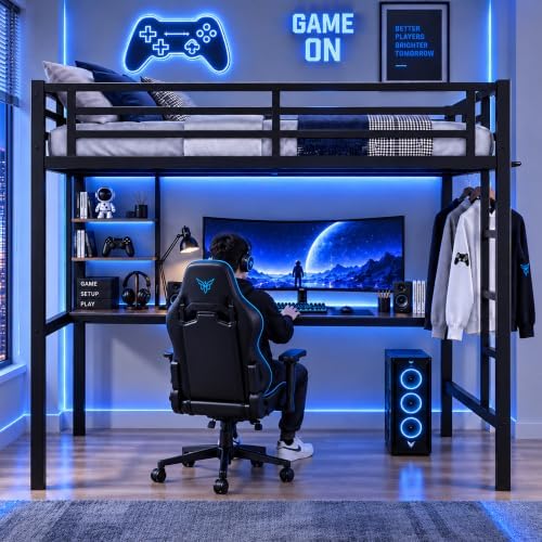 Twin Loft Bed with Desk, USB Charging Station, LED Light and 2 Storage Shelves, Metal Heavy Duty Loft Bed Twin Size for Adults, Teens, No Box Spring Needed, Black