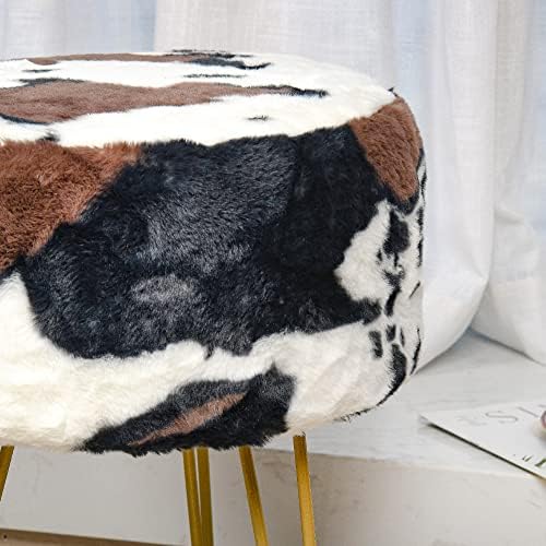 Cow Print Faux Fur Ottoman 13"x13"x17" Soft Fuzzy Entryway Bench Seat Round Sturdy Accent Ottoman Dorm Living Room Couch Vanity Shoe Stool Bedroom Closet Foot Rest with Golden Legs