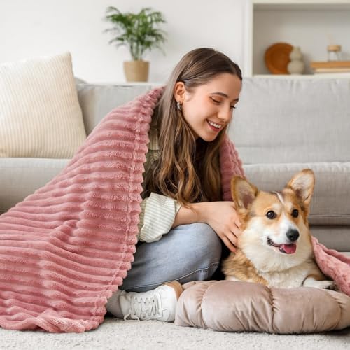 BEDELITE 3D Ribbed Jacquard Pink Fleece Throw Blanket for Couch, 50x70 Inch