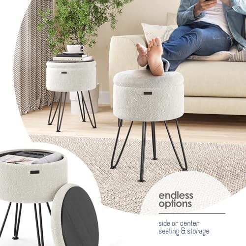 Round Ottoman with Storage, Boucle Storage Ottoman, Foot Stool Ottomans, Makeup Vanity Stool, Small Ottomans Foot Rest, Modern Vanity Stools for Living Room and Bedroom, Cream