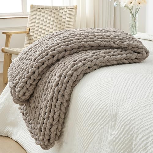 Bigacogo Chunky Knit Throw Blanket for Couch, 40x60 inches, Taupe