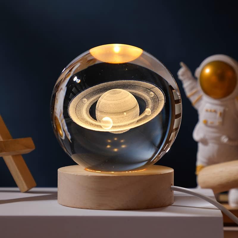3D Saturn Globe Crystal Ball, Laser Engraved Planet Model Astronomy Sphere Decor, 2.4" Paperweight Crystal Universe Gifts for Kids, Space Model Collectors