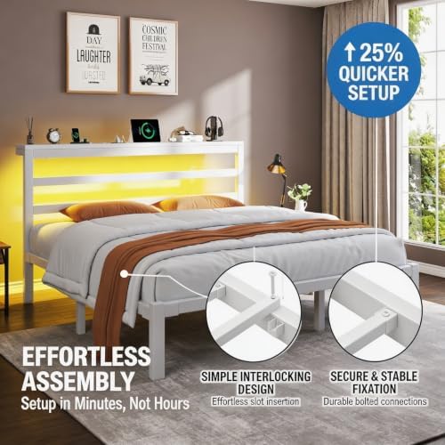 King Bed Frame with Charging Station and LED Lights Headboard,White