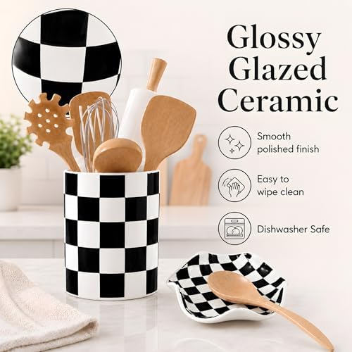 Checkered Utensil Holder and Spoon Rest Set, Black and White Ceramic Utensil Holder for Countertop, Spoon Rest for Stove Top, Farmhouse Kitchen Decor, Dishwasher Safe, Utensils Not Included