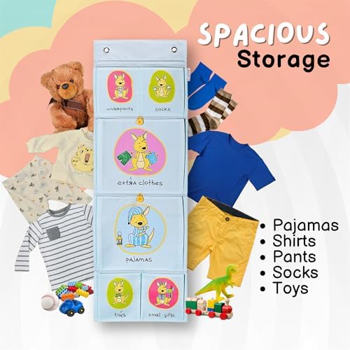 Cool-Stuff Kids Hanging Clothes Organizer – Over The Door Storage for Pajamas, Toys, Socks – Wall Mount Closet Organizer for Toddler, Preschool, Kindergarten – Water-Resistant, Blue, 44x14.5