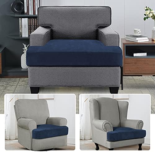 H.VERSAILTEX Stretch Velvet T Cushion Chair Covers for Living Room Armchair Sofa Cover Couch Cover Slipcover T Cushion Seat Cover Stay with Elastic Bands(Armchair, Navy)