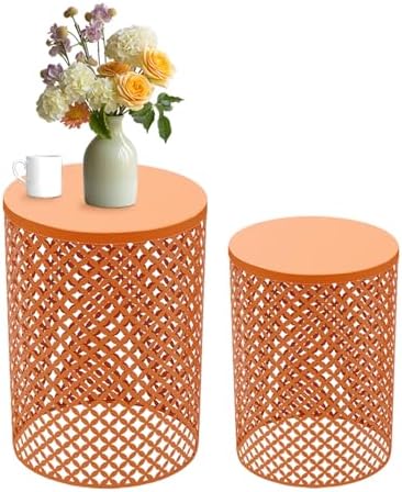 Set of 2 Outdoor Side Table, Garden Stool for Patio, Metal Accent Table Modern End Table, Patio Side Table for Garden, Balcony, Bedroom Indoor Outdoor Decorative, Terracotta Orange