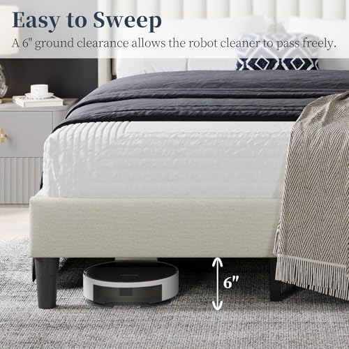 Yaheetech Full Bed Frame with Headboard, Ivory Channel-Tufted Platform