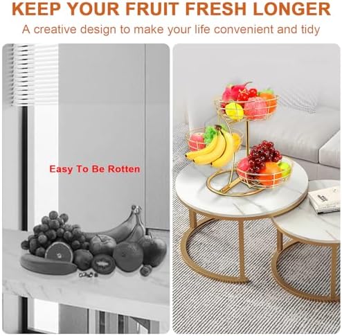 Livabber Fruit Basket Bowl with Banana Hanger, Fruit Vegetable Storage Basket with Banana Tree Holder for Kitchen Counter, Detachable Organizer for Bread Snack Produce (Gold, 3-Tier Metal Base)