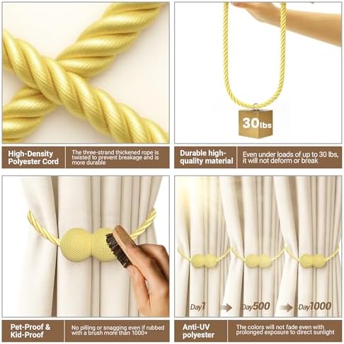 Hion Magnetic Curtain Tiebacks Golden 6pcs, Curtain Holdbacks Hooks Holders