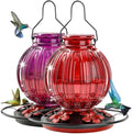 2 Pack Glass Hummingbird Feeder for Outdoors Hanging, Bird Nectar Feeder with Perch & 5 Flower Feeding Ports, 26 Oz Leak Proof for Outside Garden Decor Backyard, Gifts for Women Mom, Red + Purple Red