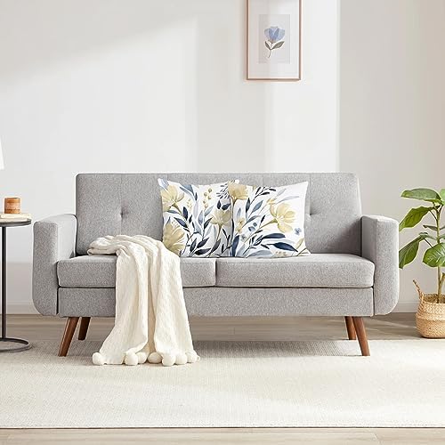 Bonhause Watercolor Floral Throw Pillow Covers 18 x 18 Inch Yellow Blue Flower Decorative Pillow Cases Soft Velvet Cushion Cover for Couch Sofa Bed Home Decor Set of 2