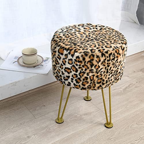 Leopard Print Round Ottoman 13"x13"x17" Faux Fur Entryway Bench Footrest Stool Accent Seating Cheetah Furry Ottoman Bedroom Vanity End of Bed for Bathroom Living Room Decor