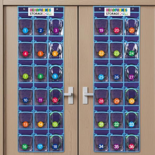 2 Pack Classroom Headphone Storage Organizer with 36 Pockets & 74 Labels