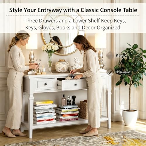 VEADONS Antique White Classic Retro Console Table with 3 Storage Drawers & Spacious Open Bottom Shelf, Vintage Entryway Sofa Accent Table with Simple Assembly for Hallway Living Room