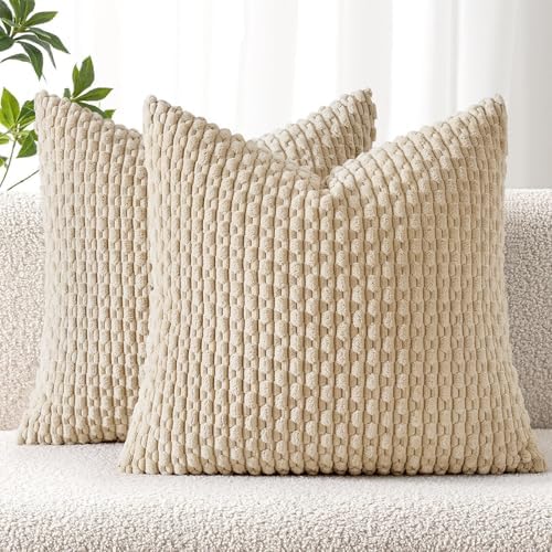 MIULEE Decorative Throw Pillow Covers 20x20 Beige Textured Corduroy