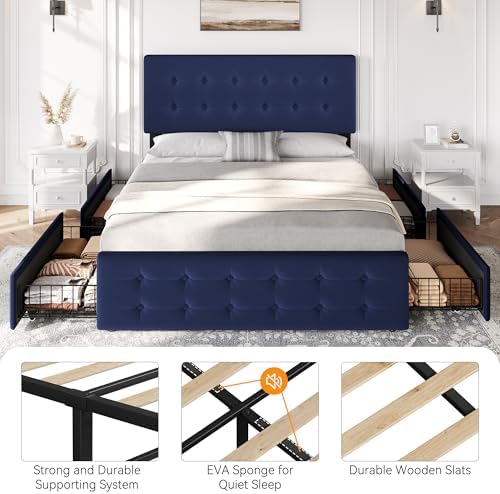 IDEALHOUSE Full Size Bed Frame with 4 Storage Drawers and Headboard, Blue