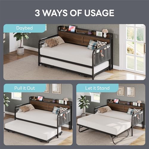LIKIMIO Twin Daybed with Pop Up Trundle & Charging Station & Storage Shelf