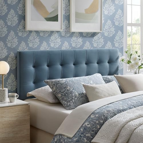 Modway Lily Performance Velvet King Size Headboard with Biscuit Tufting in Cadet Blue - Stain-Resistant Upholstery with Padded Design and 5 Height-Adjustable Mounts