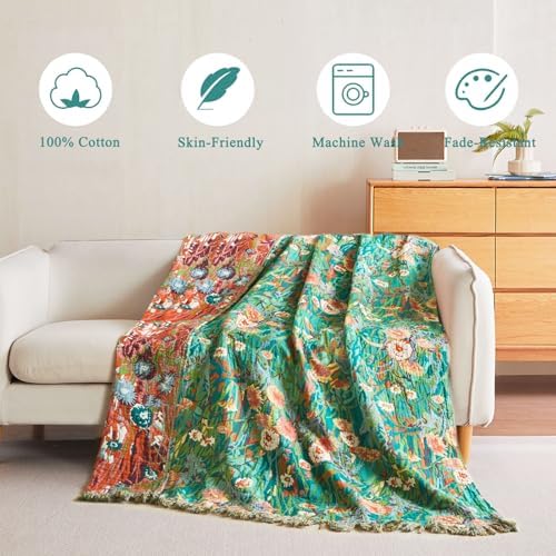 Boho Throw Blanket - 100% Cotton Soft Green Blankets for Bed 60"x80"