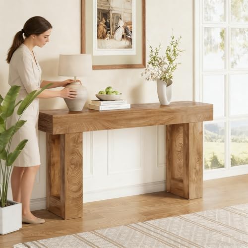 LITTLE TREE 63 Inches Long Console Table for Entryway, Sofa Table Behind Couch, Wooden Entry Table Foyer Hallway Tables, Farmhouse Console Sofa Tables for Living Room, Oak Color